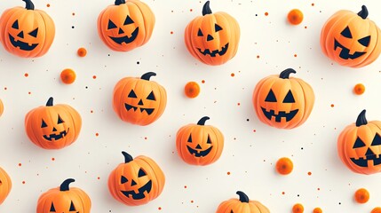 Pattern of tiny jack-o-lanterns with spooky faces on a light background