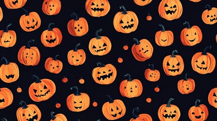 Abstract design featuring tiny jack-o-lanterns with playful expressions on a black background