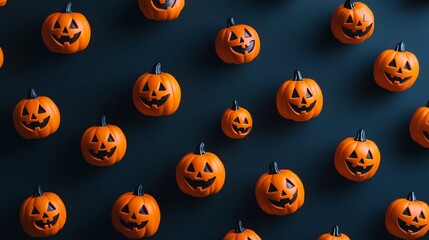Tiny jack-o-lanterns with cheerful expressions scattered in a playful pattern on a dark background