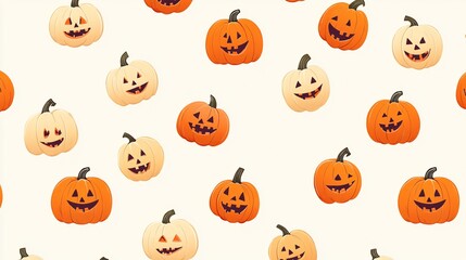 Naklejka premium Pattern of tiny cartoon jack-o-lanterns with varied facial expressions on a light background
