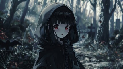 In a twilight forest, an anime girl in a Dracula disguise explores the eerie surroundings, captured in a haunting yet enchanting atmosphere