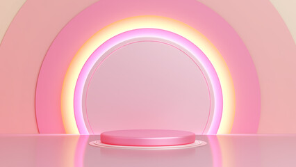 Stage kids cute sweet dream podium luxury pink playground. light glow circle colorful or wall decoration. performances show festival fun kid room. Display fashion, cosmetic or beauty. 3D Illustration.