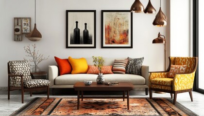 A stylish living room blends vintage and modern elements 2. Generative AI