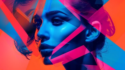 Fototapeta premium A colorful abstract portrait featuring a woman's face composed of bold geometric shapes and vibrant hues of blue, pink, and orange, creating a dynamic and expressive design. 8k UHD, suitable 