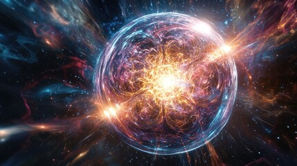 Image of a glowing quantum sphere with intricate shadows and light effects, set against a dark, cosmic background.