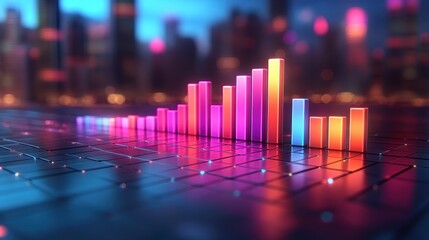 Neon Cityscape with  D Bar Graph and Glowing Lights