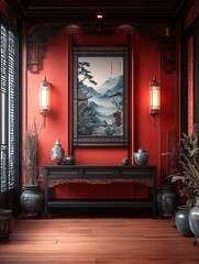 Elegant Asian-Inspired Room with Traditional Decor Featuring Oriental Painting, Dark Furniture, Red Walls, and Intricate Lighting