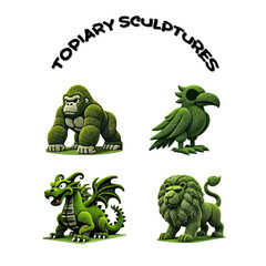 Set of 4 Vector Animal Topiary Sculpture Illustrations