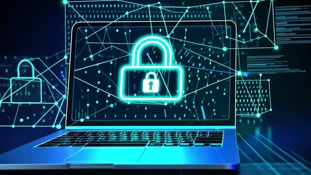 Digital illustrations featuring a laptop with a padlock symbol, representing cybersecurity and data protection.