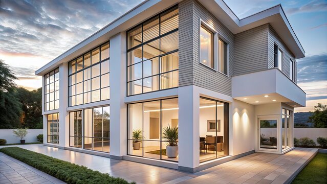 A modern residential home features clean, minimalist windows with white frames and subtle grid patterns, allowing natural light to flood the interior spaces.