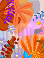 Abstract nature, floral, plants and flower colorful lines drawing hand drawn and pattern vector illustration background. Aesthetic design for wall art, prints, cards, cover, poster, web and banner.