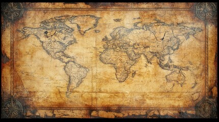 Fototapeta premium Vintage World Map with Compass Rose and Grunge Texture