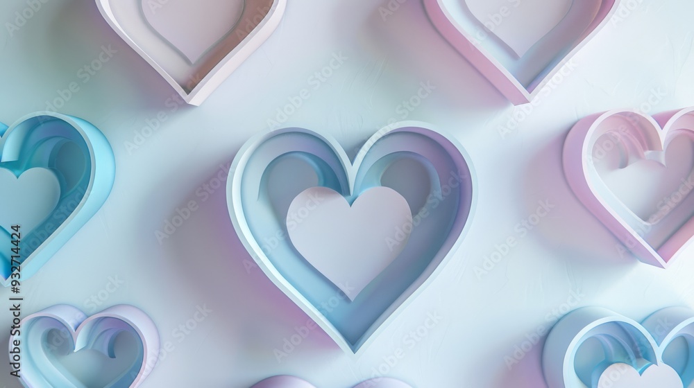 Poster delicate heart outlines with subtle pastel colors on a clean, light background, ideal for a soft and