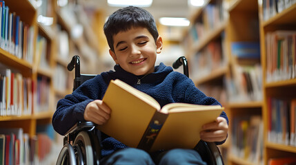 Inclusive image of a happy cute disabled school student in a wheelchair reading a book in a library. Young boy with disability learning in a classroom. Inclusion 