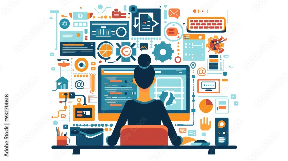 Poster web design. flat illustration of a young woman coding on a desktop computer with modern technology i
