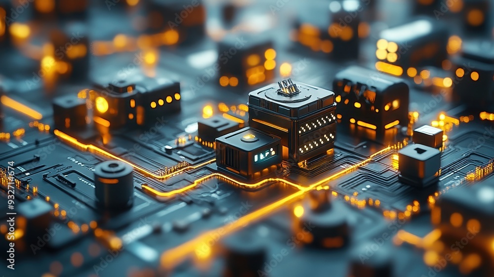 Poster futuristic circuit board with glowing lines and electronic components