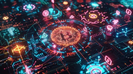NFT concept illustration - 3D digital artwork with blockchain icons, representing non-fungible tokens