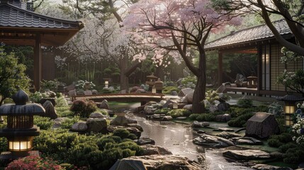 Obraz premium Serene Japanese paradise with sakura blooms, stone lamps, and a winding brook providing tranquility.