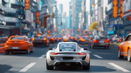 Naklejka premium A silver car is driving down a busy city street.