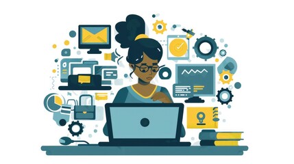 Software improvement concept - Woman working on laptop surrounded by cartoon gadgets