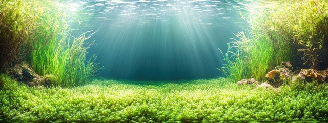 Algae bloom, bright green water, suffocating marine life, low ambient light