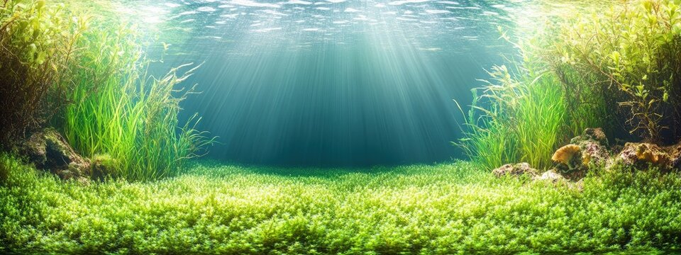 Algae bloom, bright green water, suffocating marine life, low ambient light