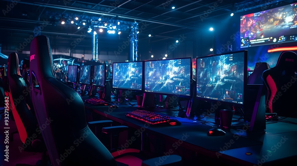 Poster competitive esports arena with multiple screens gaming chairs and computers set up for a digital gam