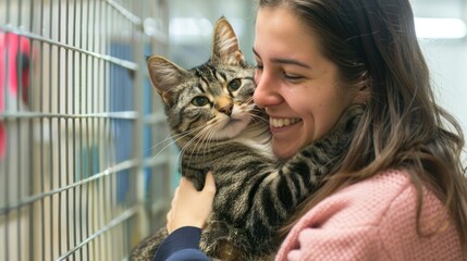 Woman volunteer playing with a cat in an animal shelter, highlighting the joy and love shelter pets...