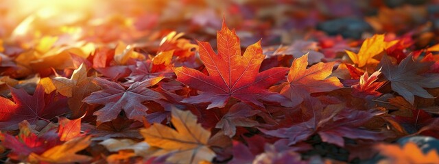 Autumn leaves, bright reds and oranges, scattered on ground, warm sunlight