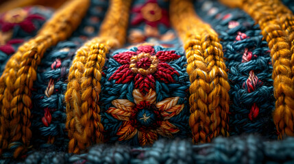Close-Up Macro Photography of Multicolored Woven Fabric with Red Flower Detail