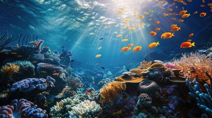 Obraz premium Oceanic depths illuminated by sunlight, revealing vibrant marine life and inviting a journey of underwater discovery.