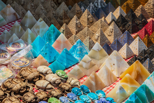 Africa, Egypt, Cairo. Alabaster, stone, pyramid and scarab beetle replica souvenirs.