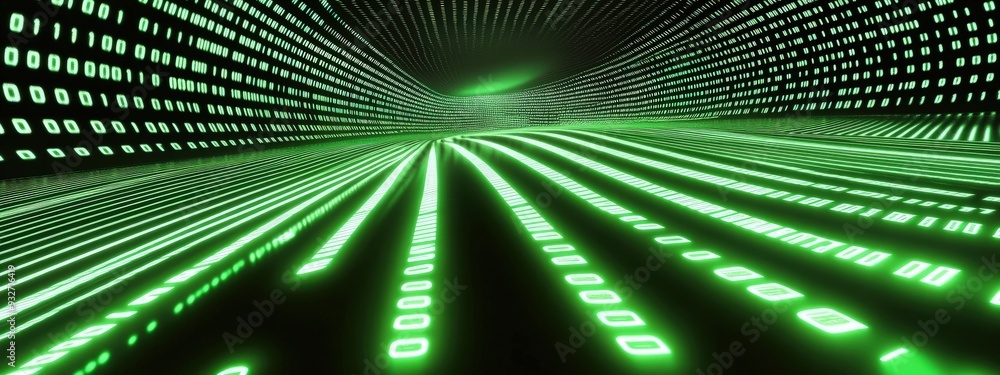 Poster binary code, green and black, scrolling text, soft led lighting