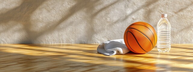 Basketball on a court, with a towel and water bottle nearby, gym lighting