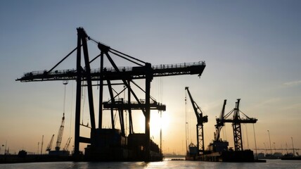 Silhouette cranes at commercial dock against clear sky