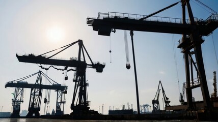 Obraz premium Silhouette cranes at commercial dock against clear sky