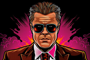 A man in a suit and sunglasses is standing in front of a fire
