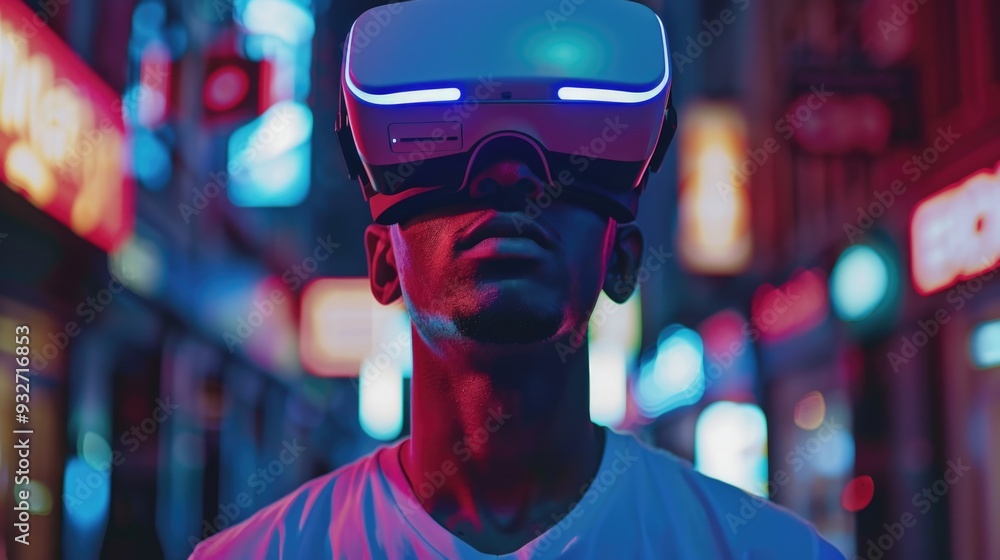 Poster man immersed in digital technology with a vr headset exploring modern innovation.