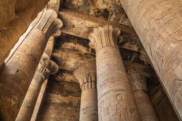 Africa, Egypt, Aswan. September 22, 2018. Pillars at the Temple of Horus at Edfu, the best preserved shrine of Ptolemaic Kingdom era.