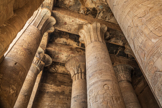 Africa, Egypt, Aswan. September 22, 2018. Pillars at the Temple of Horus at Edfu, the best preserved shrine of Ptolemaic Kingdom era.