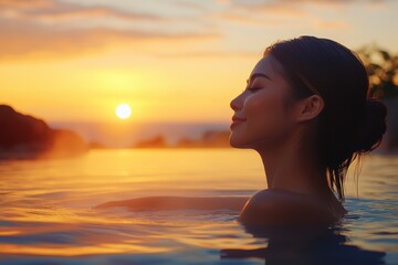Tranquil Japanese Woman Silhouetted in Outdoor Onsen, Embracing Serenity and Relaxation