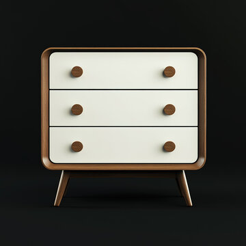 recommend clip art: Retro Chest of Drawers in White and Brown with Three Drawers, Set on a High-Resolution Black Background for Modern Interiors.