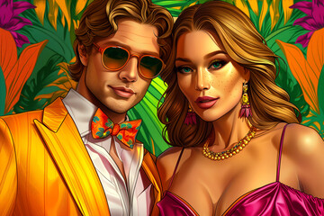 Obraz premium A man and woman are posing for a picture in a tropical setting. The man is wearing a yellow suit and a bow tie, while the woman is wearing a pink dress. Scene is playful and fun
