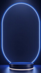 Dark Navy Blue Neon Platform with an Arching Neon Frame. 3D Product Display Podium. Futuristic Product Display