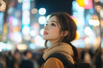 Obraz premium Illuminated Beauty: Japanese Woman Among Tokyo City Lights in Shibuya's Vibrant Nightlife Scene