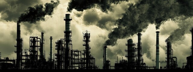 Chemical factory emissions, thick smoke, dark industrial landscape, harsh lighting