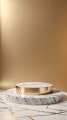 3D Marble and Gold Platform Podium with a Golden Background. Mockup stand, product display presentation showcase. 