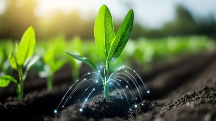 Young plant growing in fertile soil with water droplets. Concept of growth, sustainability, and agriculture.