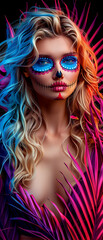 Obraz premium A woman with blue and purple hair and blue eyes is painted with a skeleton face. The painting is colorful and has a festive, Halloween vibe