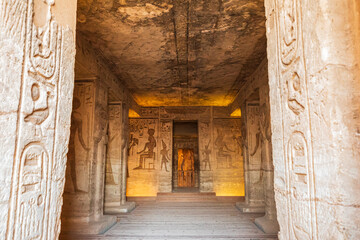 Africa, Egypt, Abu Simbel. October 10, 2018. Interior of the Small Temple at Abu Simbel, also known as the Temple of Hathor and Nefertiti. 